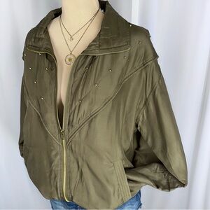 VTG EVR Jacket Sz S 100% Silk Bomber Windbreaker Olive Green Beaded Punk Retro
